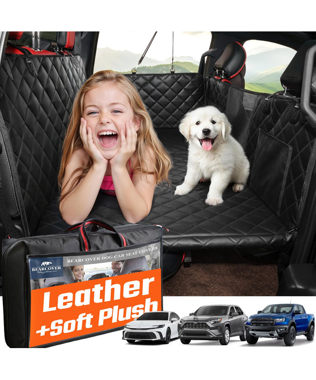 Bearcover Hard Bottom Car Seat Cover for Dogs, PU+Plush Dog Car Seat Cover for Back Seat, Waterproof Backseat Extender for Dogs in Car, Large Pet Hammock Bed with Rear Door Protector for Car SUV Truck