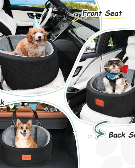 Lealchum Dog Car Seat Up to 25lb Dogs, 2 Adjustable Safety Dog Leashes, Pet Washable Travel Car Seat with Non-Slip Bottom, Easy to Install and Removable, Covered with Soft Fabric(Black/Grey, Small)