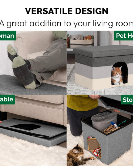 Furhaven Pet House for Indoor Cats & Medium/Small Dogs, Collapsible & Foldable w/ Plush Ball Toy - Living Room Ottoman Cat Condo - Hygge Stripe (Gray/Cream), Large