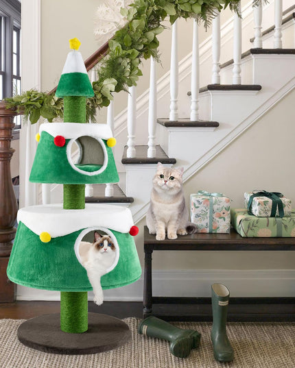PETSITE 60 inch Christmas Cat Tree, Cute Cat Tower with 2 Condos, Sisal Scratching Posts, Spring Toy, Removable Beds, Modern Holiday Cat Tree Tower for Indoor Cats