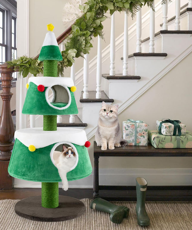 PETSITE 60 inch Christmas Cat Tree, Cute Cat Tower with 2 Condos, Sisal Scratching Posts, Spring Toy, Removable Beds, Modern Holiday Cat Tree Tower for Indoor Cats