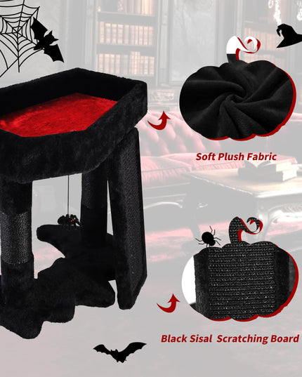 PuzzlePaw Gothic Cat Tree Tower with Coffin Cat Bed for Indoor Cats, Halloween Spooky Cat Scratcher,Goth Cat Tree with Sisal Scratchig Post and Spider Dangling Toys,Black with Red