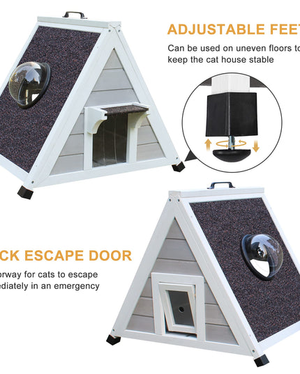 Deblue Outdoor Cat House for Feral Cats, Weatherproof Wooden Cat House for Small Pets, Unique Cat Shelter with Escape Door & Clear Window (Grey House)