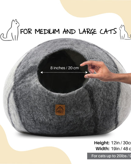 Large Wool Cat Cave Premium Felt Bed for Cats & Kittens Pet House Natural 100% Merino Wool Handmade Indoor Hideaway Eco-Friendly Cove 19 Inch Diameter Round Handcrafted Dome (Large Gray White)