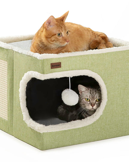 Garnpet Cat Bed for Indoor Cats Cube House, Covered Cat Cave Beds & Furniture with Scratch Pad and Hideaway Tent, Cute Modern Cat Condo for Multi Small Pet Large Kitten Kitty, Green