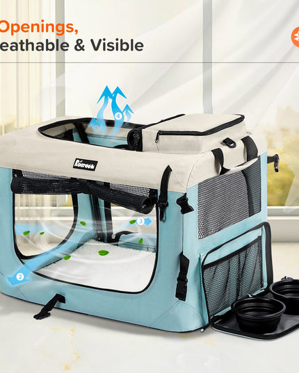 Reerooh Large Cat Carrier 24"x17"x17", Soft Dog Crate with 2 Bowls, Collapsible Travel Pet Carrier Bag for Cats Dogs Puppies Kittens (Blue)