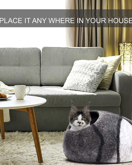 Large Wool Cat Cave Premium Felt Bed for Cats & Kittens Pet House Natural 100% Merino Wool Handmade Indoor Hideaway Eco-Friendly Cove 19 Inch Diameter Round Handcrafted Dome (Large Gray White)
