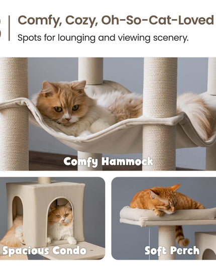 MWPO Large Modern Cat Tree, 70.1-Inch Wood Cat Tower for Indoor Cats, Multi-Level Tall Cat Condo with 2 Padded Perches, Hammock, Scratching Posts, Dangling Toys, Beige