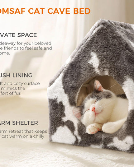 ComSaf Cat Bed Cave House - Winter Pet House with Fluffy Covered Cat Beds for Indoor Cats, Detachable Washable Plush Cat Hideaway Hut for Kitten Rabbit, Sturdy Cat Beds & Furniture Gifts, Grey