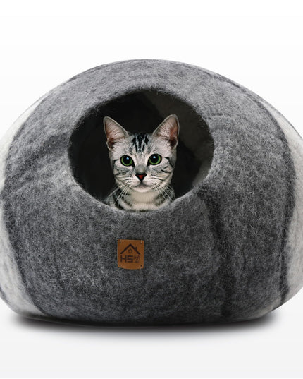 Large Wool Cat Cave Premium Felt Bed for Cats & Kittens Pet House Natural 100% Merino Wool Handmade Indoor Hideaway Eco-Friendly Cove 19 Inch Diameter Round Handcrafted Dome (Large Gray White)
