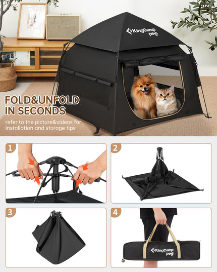 KingCamp Large Automatic Pop-Up Dog Tent, Portable Dog House for Indoor&Outdoor Use, Cozy Dog Bed Tent with Rain Hood, Black, 39.37" x 39.37" x 29.53"