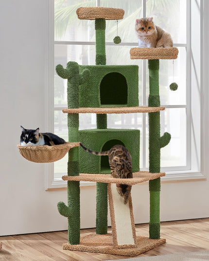Yaheetech Cactus Cat Tree, 66?H Cat Tower for Indoor Cats, Multi-Level Cat Tree with Large Condos & Ramp, Pet Play House with Padded Perch, Platforms, Basket & Hanging Ball, Green/Brown