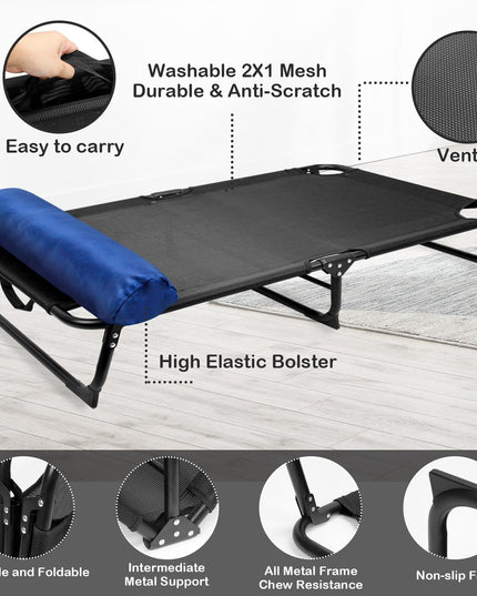CAREDPETS Raised Elevated Cooling Dog Bed Cot w/Bolster for Large Jumbo XL XXL Sized Dogs, Portable Foldable Indoor/Outdoor Cooling Pet Hammock, No Assembly Needed, 54x30x9 (Black)