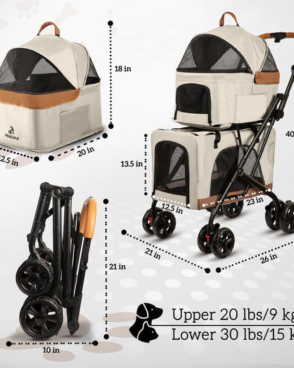 Double Pet Stroller with Detachable Carriers - Ideal for 2 Dogs or Cats - Compact & Convenient Design - Easy Assembly Double Dog Stroller - Cosmic Beige