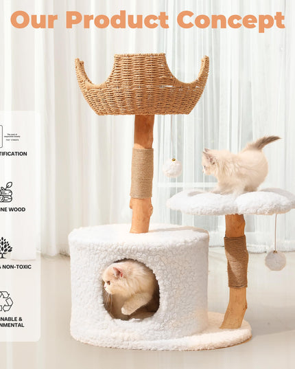 Easyego Modern Cat Tree, Aesthetic Wood Cat Tree Tower for Large Cats, Luxury Cat Condo with Scratching Posts and Flower Platforms, Cat Furniture by Easyego, (White)