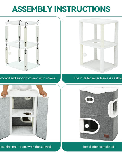 YIATHOME 2 Storey Cat House, Cat Beds for Indoor Cats, Small Cat Condo with Scratch Post and Hideaway Cave, Modern Cat Cube Playhouse for Multi Kittens, Classic Style, Grey