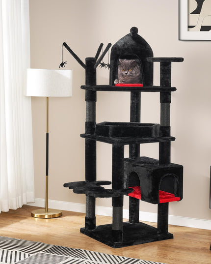 BEWISHOME Large Gothic Cat Tree with Coffin Bed, 63" Multi-Level Goth Cat Tree Tower for Large Cats with Cat Condo, Scratching Posts, Cat Activities Center Halloween Pet Furniture Black MMJ96R