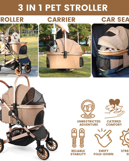 Pet Stroller with 4 Wheels, Foldable Pet Travel Carrier for Small/Medium Dogs Cats up to 50lbs, Detachble Portable Pet Bag, Storage Basket, Car Seat 3 in 1 Multifunctional (Tan)