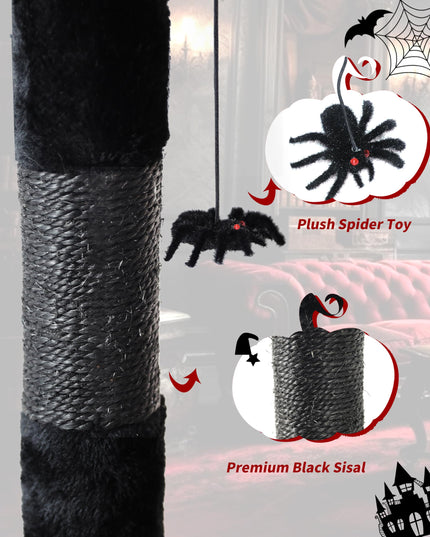 PuzzlePaw Gothic Cat Tree Tower with Coffin Cat Bed for Indoor Cats, Halloween Spooky Cat Scratcher,Goth Cat Tree with Sisal Scratchig Post and Spider Dangling Toys,Black with Red