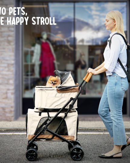 Double Pet Stroller with Detachable Carriers - Ideal for 2 Dogs or Cats - Compact & Convenient Design - Easy Assembly Double Dog Stroller - Cosmic Beige