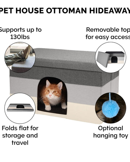 Furhaven Pet House for Indoor Cats & Medium/Small Dogs, Collapsible & Foldable w/ Plush Ball Toy - Living Room Ottoman Cat Condo - Hygge Stripe (Gray/Cream), Large