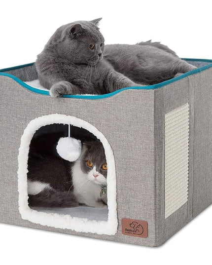 Bedsure Cat Beds for Indoor Cats - Large Cat Cave for Pet Cat House with Fluffy Ball Hanging and Scratch Pad, Foldable Cat Hideaway,16.5x16.5x13 inches, Grey