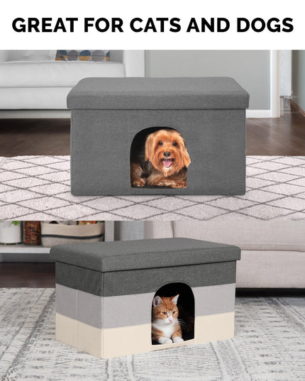 Furhaven Pet House for Indoor Cats & Medium/Small Dogs, Collapsible & Foldable w/ Plush Ball Toy - Living Room Ottoman Cat Condo - Hygge Stripe (Gray/Cream), Large