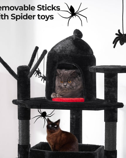 BEWISHOME Large Gothic Cat Tree with Coffin Bed, 63" Multi-Level Goth Cat Tree Tower for Large Cats with Cat Condo, Scratching Posts, Cat Activities Center Halloween Pet Furniture Black MMJ96R