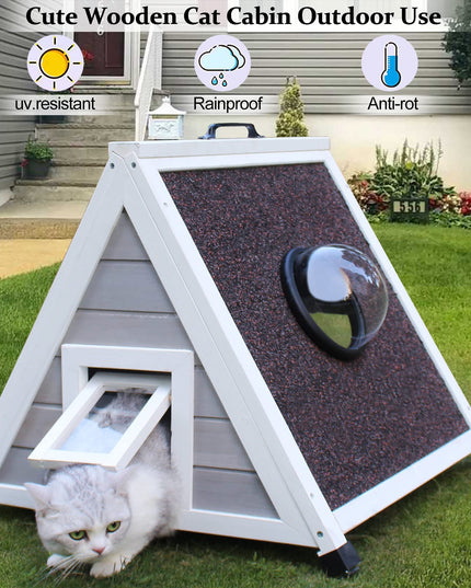 Deblue Outdoor Cat House for Feral Cats, Weatherproof Wooden Cat House for Small Pets, Unique Cat Shelter with Escape Door & Clear Window (Grey House)