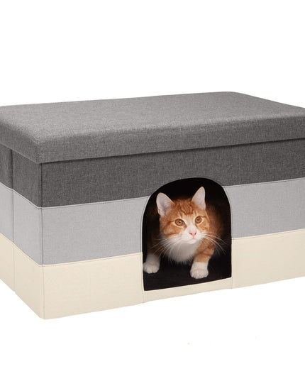 Furhaven Pet House for Indoor Cats & Medium/Small Dogs, Collapsible & Foldable w/ Plush Ball Toy - Living Room Ottoman Cat Condo - Hygge Stripe (Gray/Cream), Large