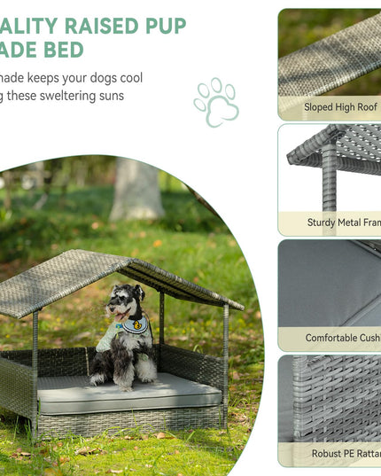 Lyromix Wicker Dog House with Canopy, 32" Outdoor Elevated Rattan Dog Bed with Water-Resistant Soft Cushion, Large Outside Raised Dog Shelter for Small, Medium Dogs, Gray