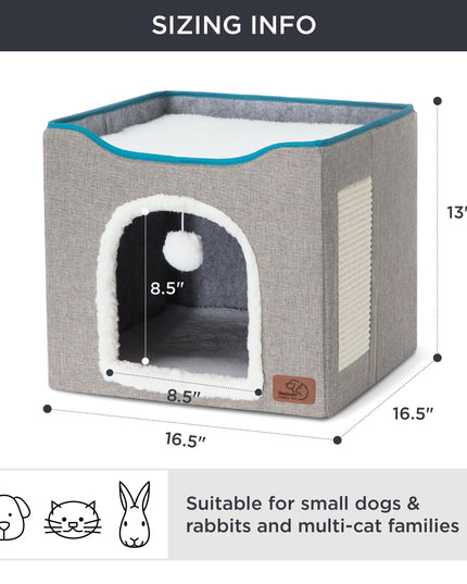 Bedsure Cat Beds for Indoor Cats - Large Cat Cave for Pet Cat House with Fluffy Ball Hanging and Scratch Pad, Foldable Cat Hideaway,16.5x16.5x13 inches, Grey