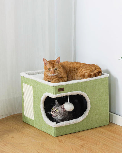 Garnpet Cat Bed for Indoor Cats Cube House, Covered Cat Cave Beds & Furniture with Scratch Pad and Hideaway Tent, Cute Modern Cat Condo for Multi Small Pet Large Kitten Kitty, Green