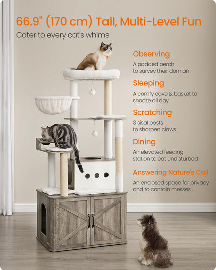 Feandrea Cat Tree, 66.9-Inch Cat Tower with Litter Box Enclosure, Large Cat Condo with Food Station, Storage, Scratching Posts, Cat Cave, Hammock, Washable Cushions, Heather Greige UPCT169K02