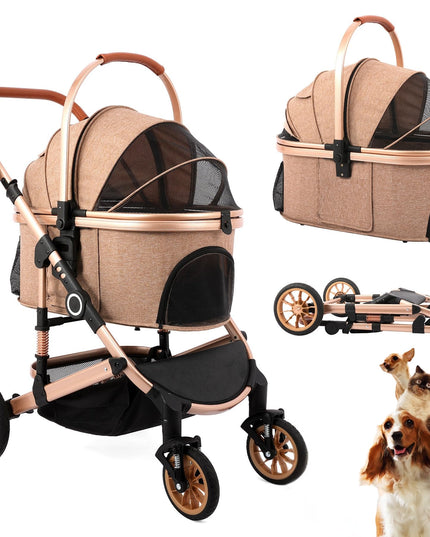 Pet Stroller with 4 Wheels, Foldable Pet Travel Carrier for Small/Medium Dogs Cats up to 50lbs, Detachble Portable Pet Bag, Storage Basket, Car Seat 3 in 1 Multifunctional (Tan)
