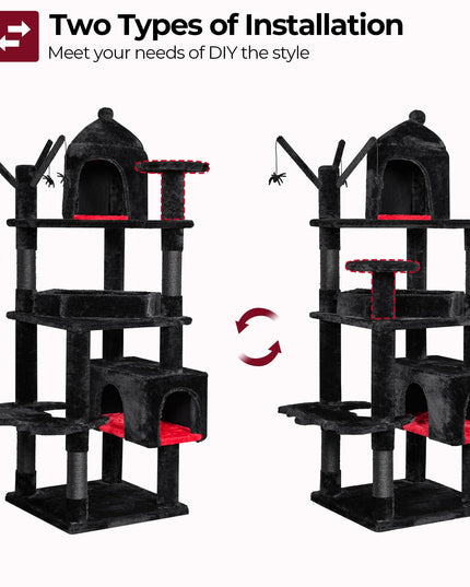 BEWISHOME Large Gothic Cat Tree with Coffin Bed, 63" Multi-Level Goth Cat Tree Tower for Large Cats with Cat Condo, Scratching Posts, Cat Activities Center Halloween Pet Furniture Black MMJ96R