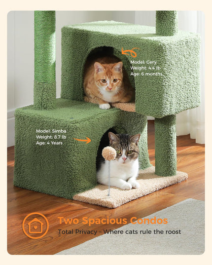 PURRPURCAT 45-Inch Green Cat Tree with 2 Condos for Indoor Cats,Cat Tower with Scratching Posts for Small Cats,Cactus Cat Tree Tower with Hammock and Cat Toys