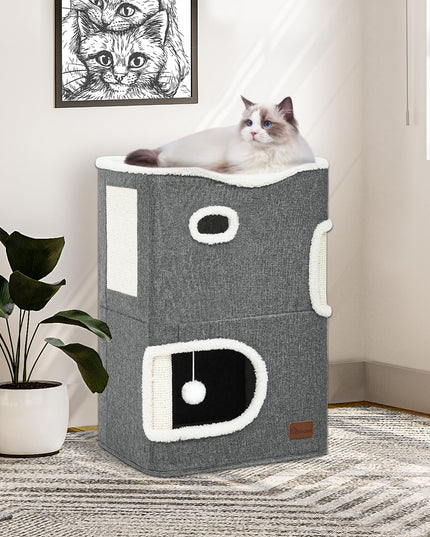 YIATHOME 2 Storey Cat House, Cat Beds for Indoor Cats, Small Cat Condo with Scratch Post and Hideaway Cave, Modern Cat Cube Playhouse for Multi Kittens, Classic Style, Grey