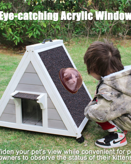 Deblue Outdoor Cat House for Feral Cats, Weatherproof Wooden Cat House for Small Pets, Unique Cat Shelter with Escape Door & Clear Window (Grey House)