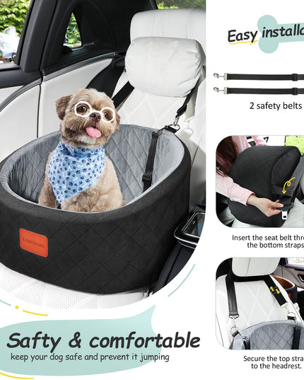 Lealchum Dog Car Seat Up to 25lb Dogs, 2 Adjustable Safety Dog Leashes, Pet Washable Travel Car Seat with Non-Slip Bottom, Easy to Install and Removable, Covered with Soft Fabric(Black/Grey, Small)
