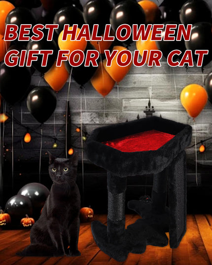 PuzzlePaw Gothic Cat Tree Tower with Coffin Cat Bed for Indoor Cats, Halloween Spooky Cat Scratcher,Goth Cat Tree with Sisal Scratchig Post and Spider Dangling Toys,Black with Red