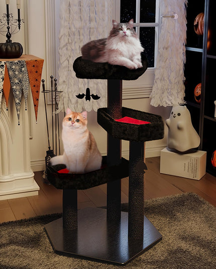 Happy & Polly Gothic Cat Tree with Coffin Bed - 40.9"Black Cat Tower with Soft Mats, Natural Sisal Scratching Posts, Bat Hanging Ball, Multi-Level Platform Cat Activity Center for Large Cats Halloween