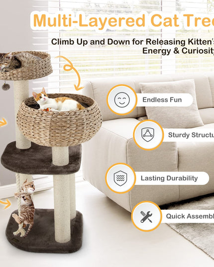 PETSITE 41 Inch Modern Cat Tree for Indoor Cats, Multi-Level Cat Tower with Scratching Posts, Hand-Made Wicker Cat Condo & Top Perch, Dangling Ball, Sisal Rope, Cute Cat Tree for Large Cats 20 lbs