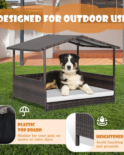 Giantex Wicker Dog House, Raised Rattan Dog Bed with Waterproof Roof, Washable Cushion Cover, Steel Frame, Indoor Outdoor Elevated Dog Bed Pet House for Small Medium Dogs Cats, Easy Assembly