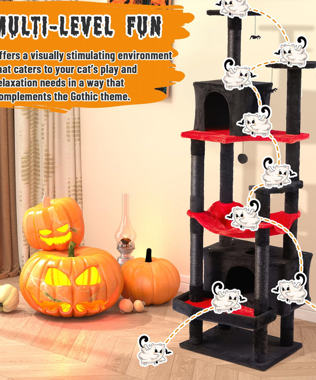 Erinnyees Gothic Cat Tree, 70.5" Heavy Duty Black Cat Tower, Tall Goth Tree with Dual Kitty Condo, Maine Coon Kitty Scratching Post with Coffin Bed, Hammock, Spooky Balls