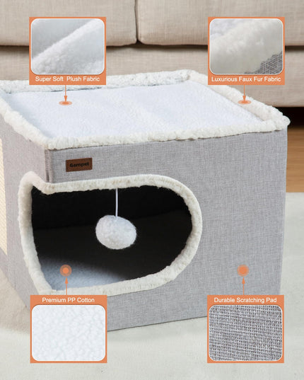 Garnpet Cat Bed for Indoor Cats Cube House, Covered Cat Cave Beds & Furniture with Scratch Pad and Hideaway Tent, Cute Modern Cat Condo for Multi Small Pet Large Kitten Kitty, Green