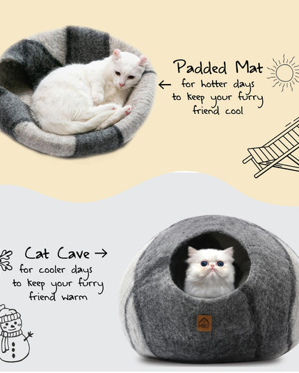 Large Wool Cat Cave Premium Felt Bed for Cats & Kittens Pet House Natural 100% Merino Wool Handmade Indoor Hideaway Eco-Friendly Cove 19 Inch Diameter Round Handcrafted Dome (Large Gray White)