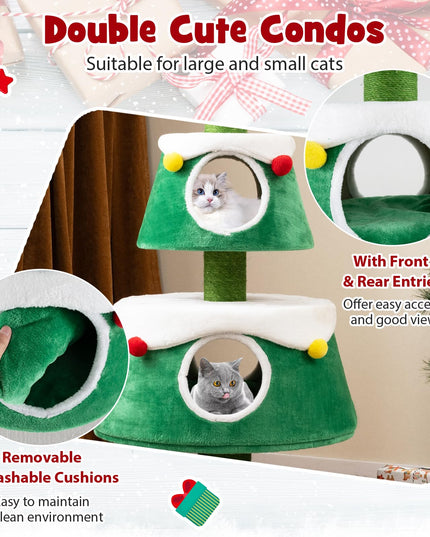 PETSITE 60 inch Christmas Cat Tree, Cute Cat Tower with 2 Condos, Sisal Scratching Posts, Spring Toy, Removable Beds, Modern Holiday Cat Tree Tower for Indoor Cats