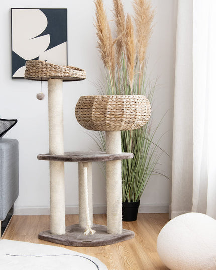 PETSITE 41 Inch Modern Cat Tree for Indoor Cats, Multi-Level Cat Tower with Scratching Posts, Hand-Made Wicker Cat Condo & Top Perch, Dangling Ball, Sisal Rope, Cute Cat Tree for Large Cats 20 lbs