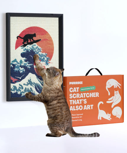 PURRDEE 14x20 Wall Mounted Cat Scratcher, Decorative Cat Scratching Board with Sisal Surface & Wooden Frame, Removable Hook-and-Loop Mounting Strip, Unique & Functional Cat Gift (Great Wave)